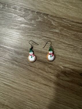 Handcrafted Snowman Drop Earrings in Green and White
